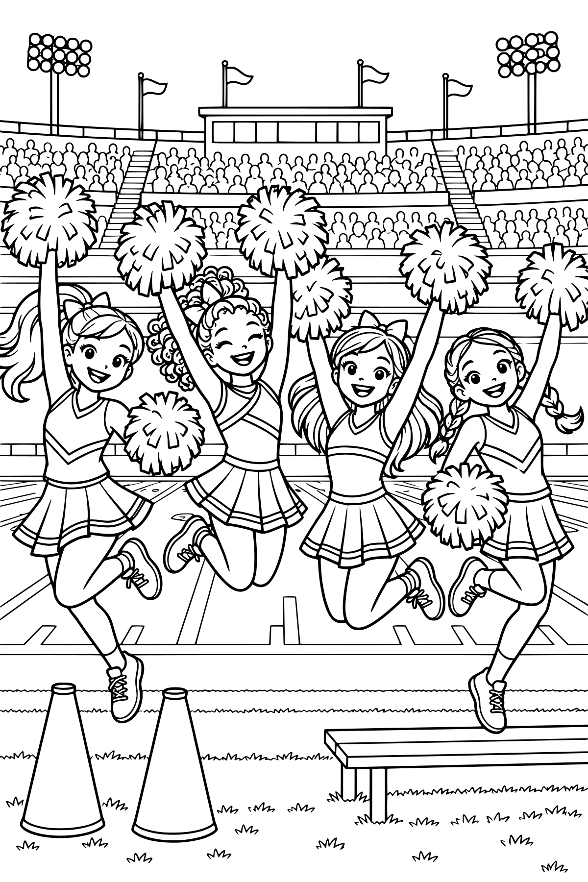 Cheerleaders jumping with raised pom-poms on a sports field, backed by crowded stadium stands, flags, light towers, field cones, and a bench.
