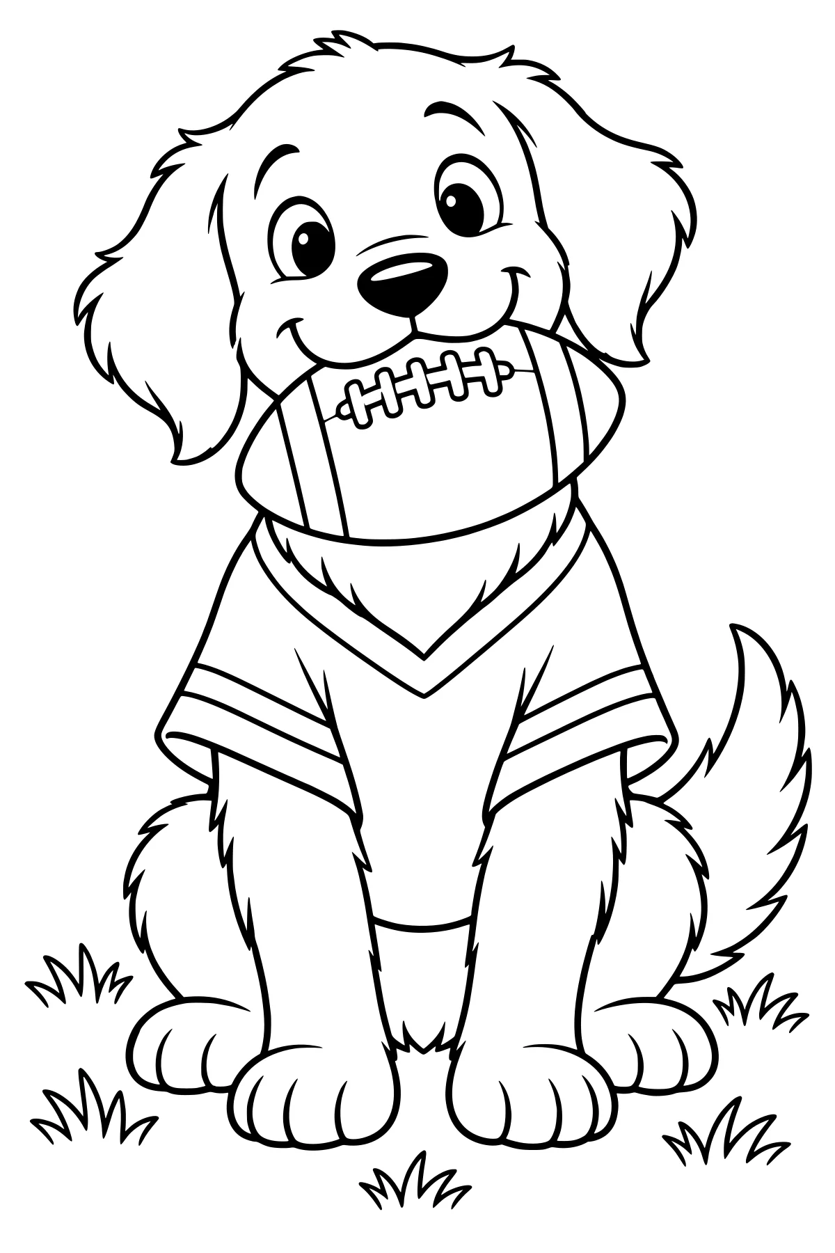 Floppy-eared dog wearing a striped football jersey and holding a laced football in its mouth while sitting among grass tufts.