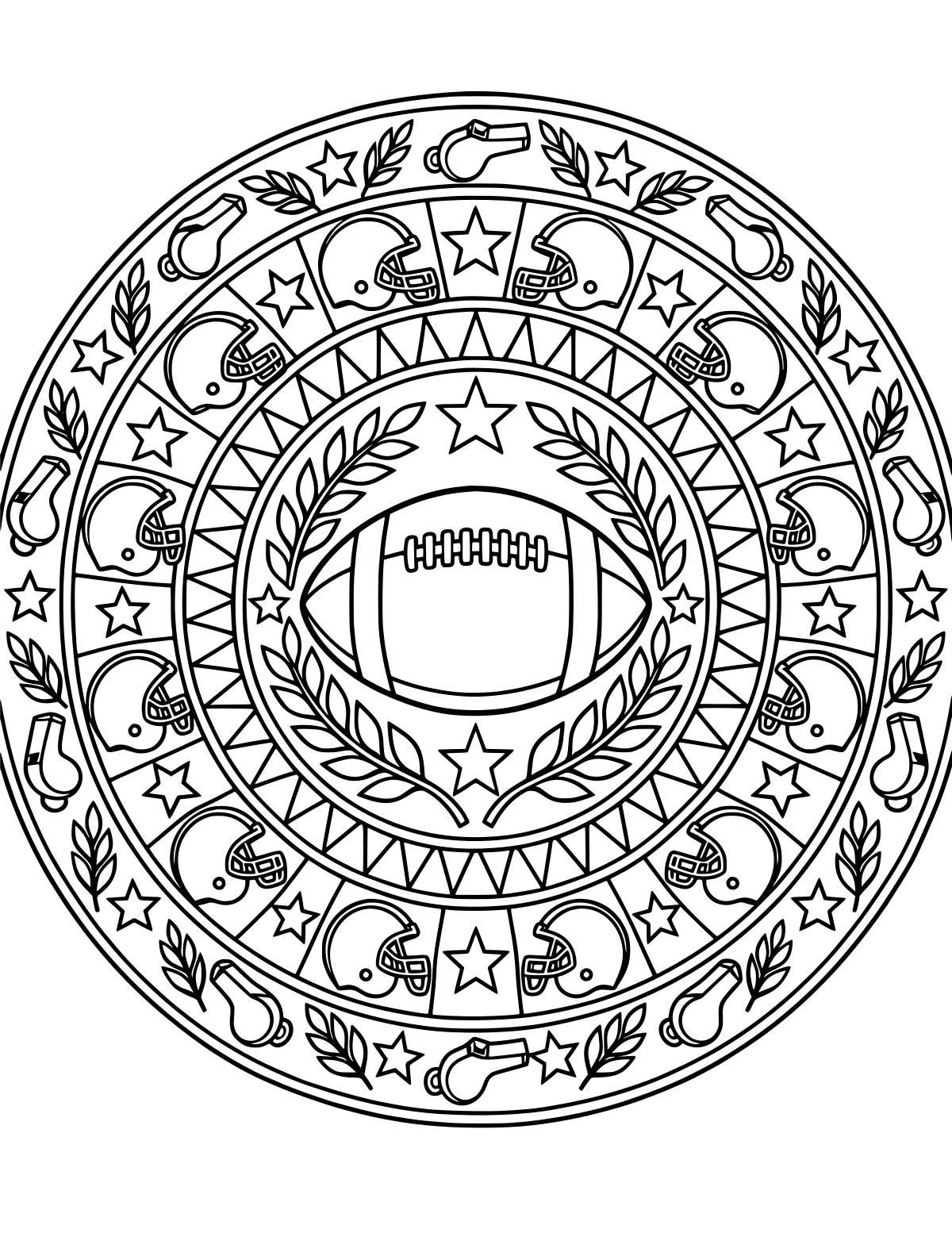 Circular football mandala with a laced ball in the center, surrounded by leafy branches, stars, helmets, whistles, and geometric borders.