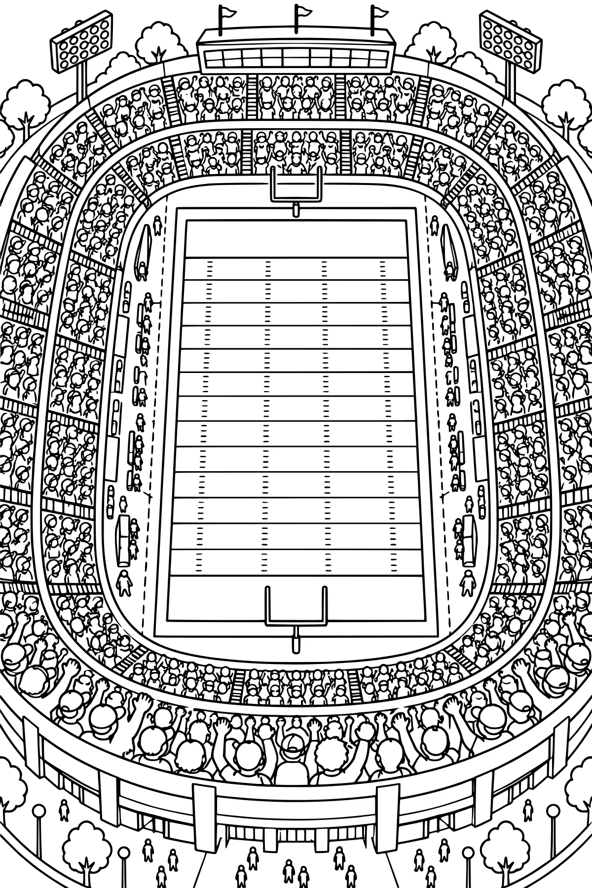 Overhead view of a football field with goalposts, tiered stands full of spectators, floodlights, flags, trees and people outside the stadium.