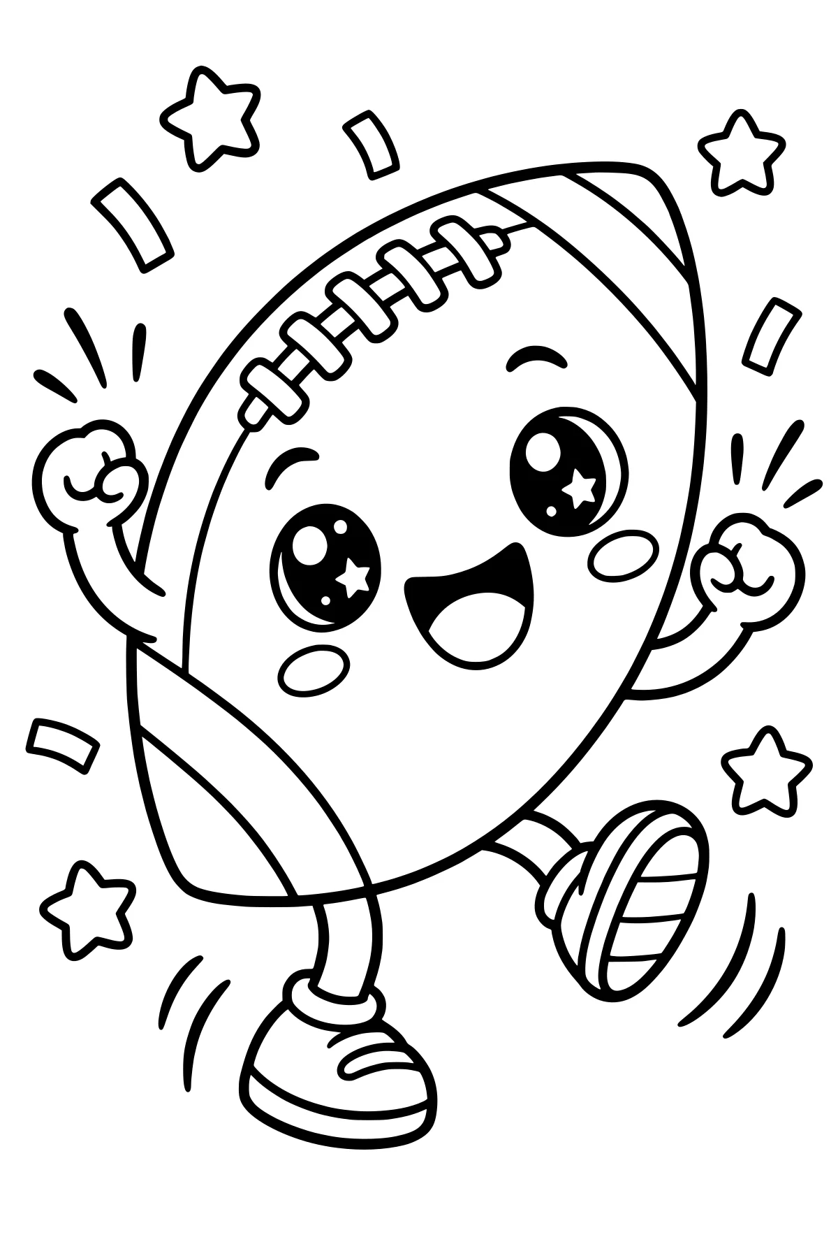 Anthropomorphic football with large starry eyes, laces, gloves, and sneakers, surrounded by stars, confetti, and motion lines.