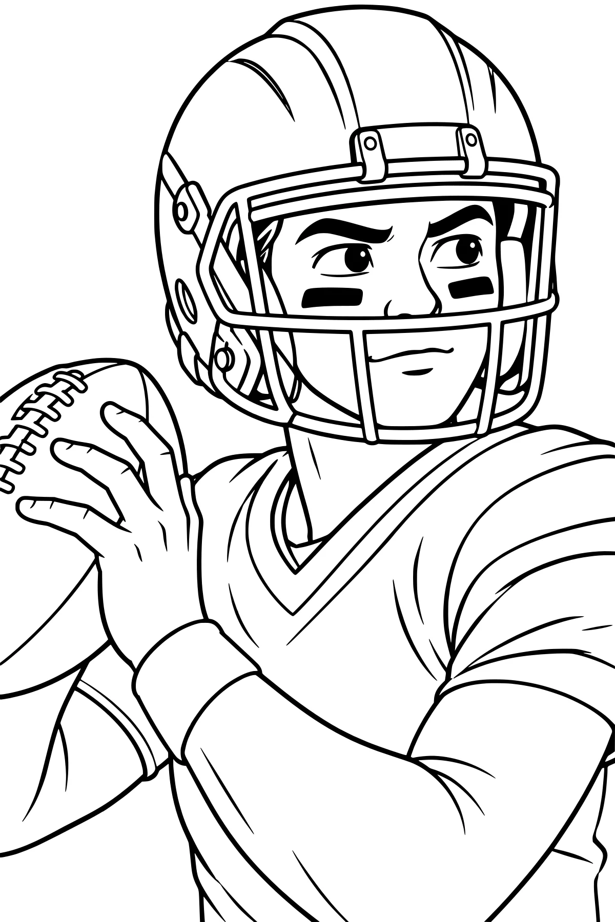Close-up line art of a helmeted quarterback holding a laced football near one shoulder, with a facemask, jersey, wristbands, and eye marks.