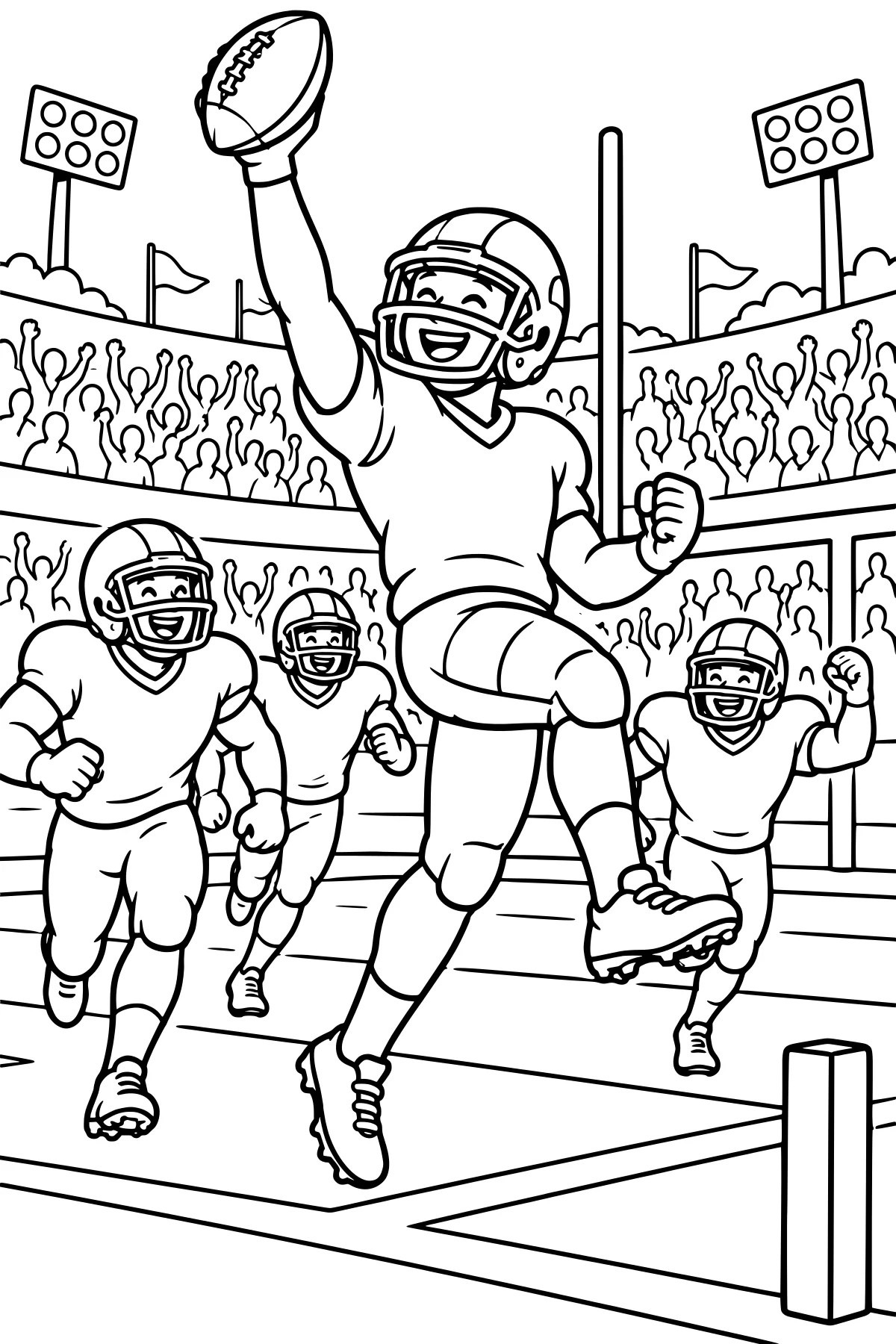 Football player raising the ball overhead in the end zone, with teammates running behind, cheering spectators, flags, field markings, and stadium lights.
