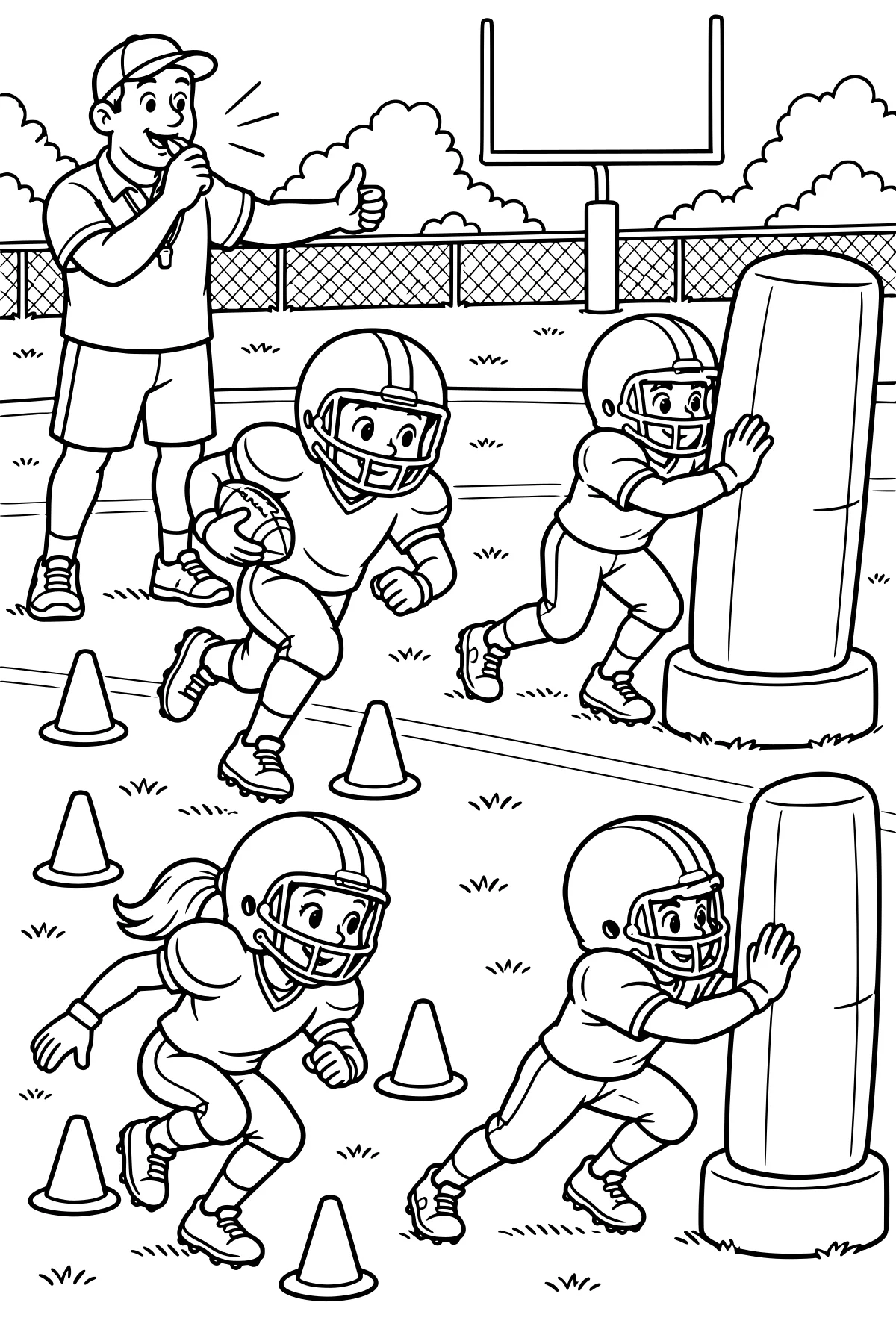 Youth football players practicing with a ball, tackling dummies, and cones as a whistle-wearing coach signals beside a goalpost.
