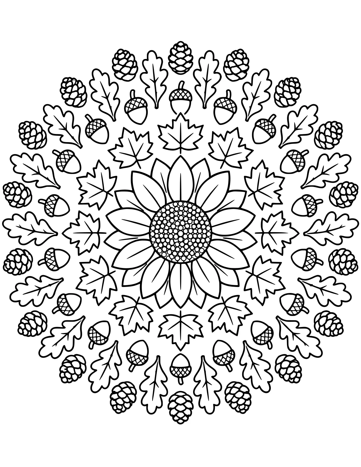 Circular autumn mandala with a large central flower, pointed and lobed leaves, acorns, and pinecones in repeating rings.