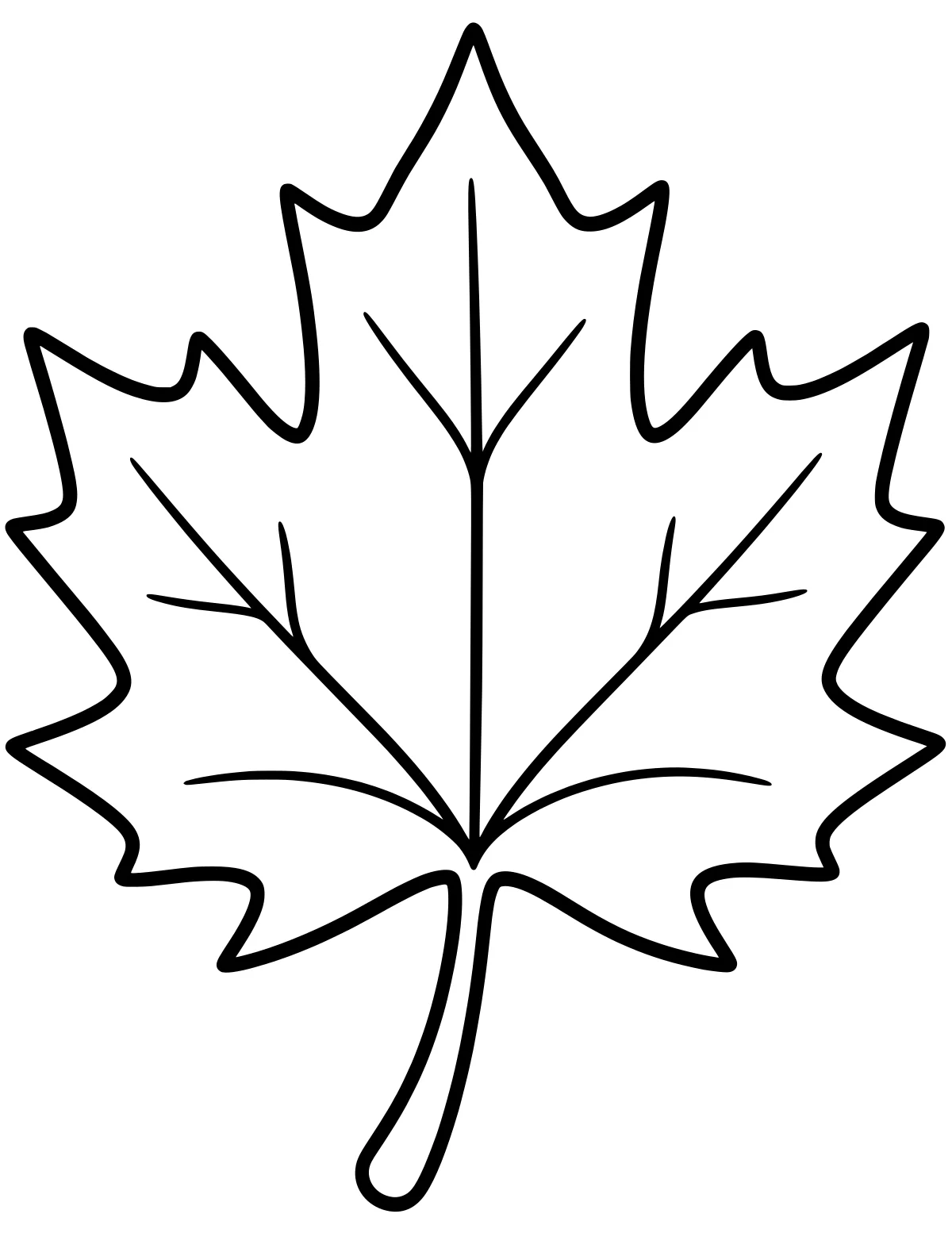 Large outlined maple leaf with pointed lobes, branching veins, broad open sections, and a curved stem.