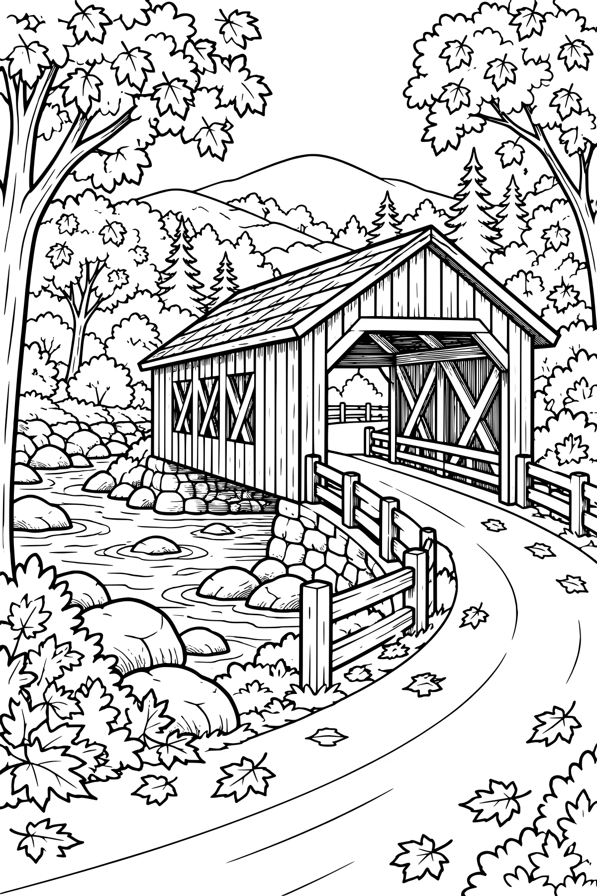 Wooden covered bridge over a rocky stream, with a curving fenced road, fallen leaves, dense trees, evergreens, and hills in the distance.