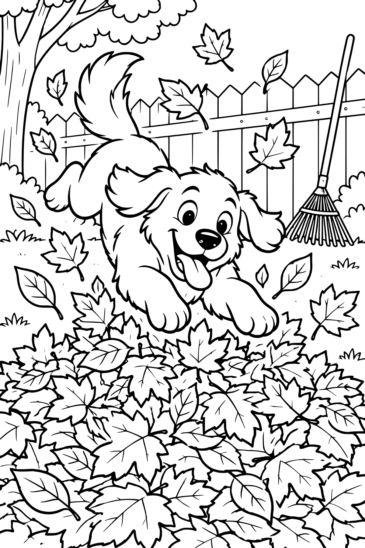 Fluffy dog leaping into a pile of fallen leaves beside a wooden fence, tree, and garden rake, with loose leaves drifting through the yard.