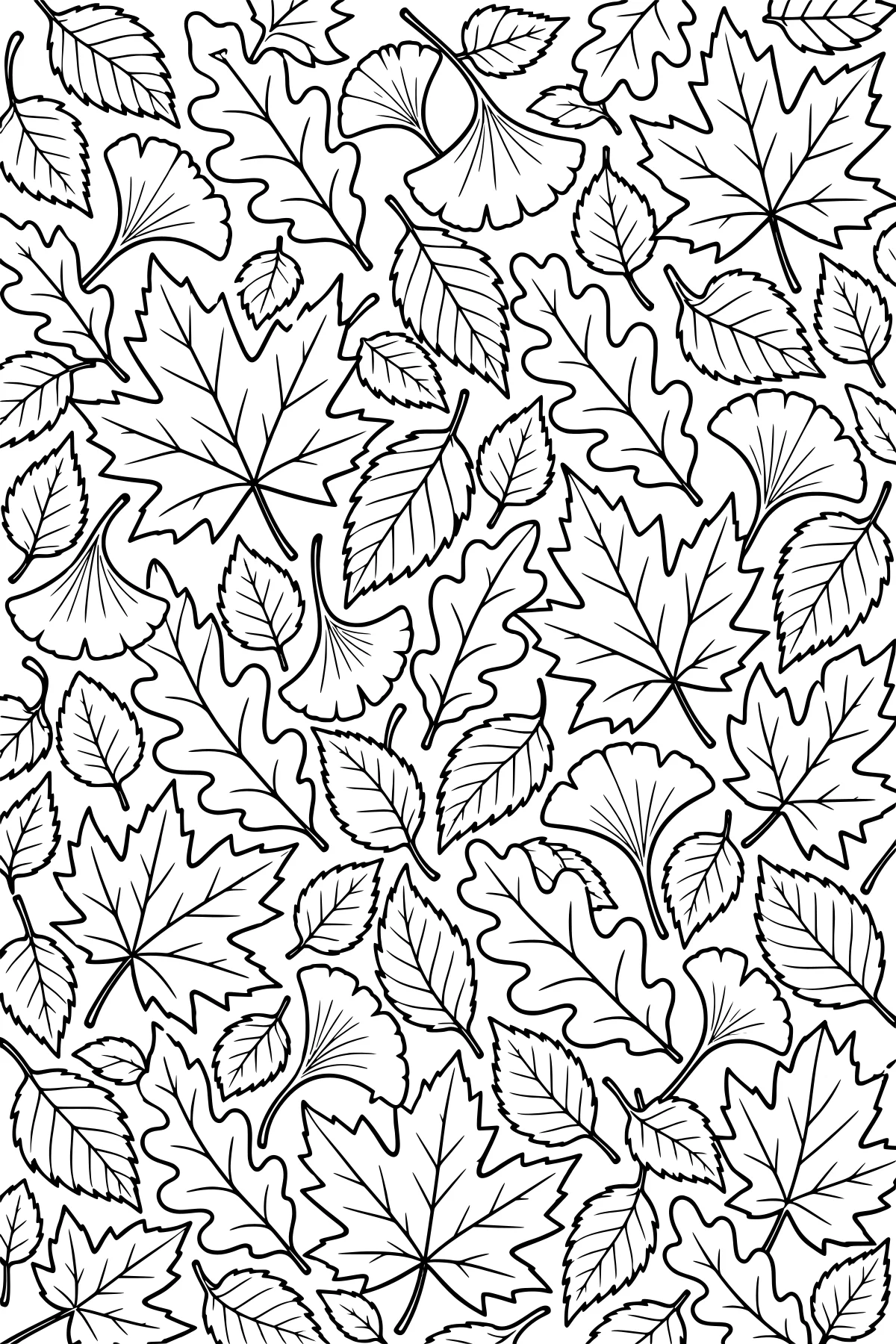 Scattered maple, oak, ginkgo, and serrated leaves arranged in a dense repeating pattern with visible stems and veins.