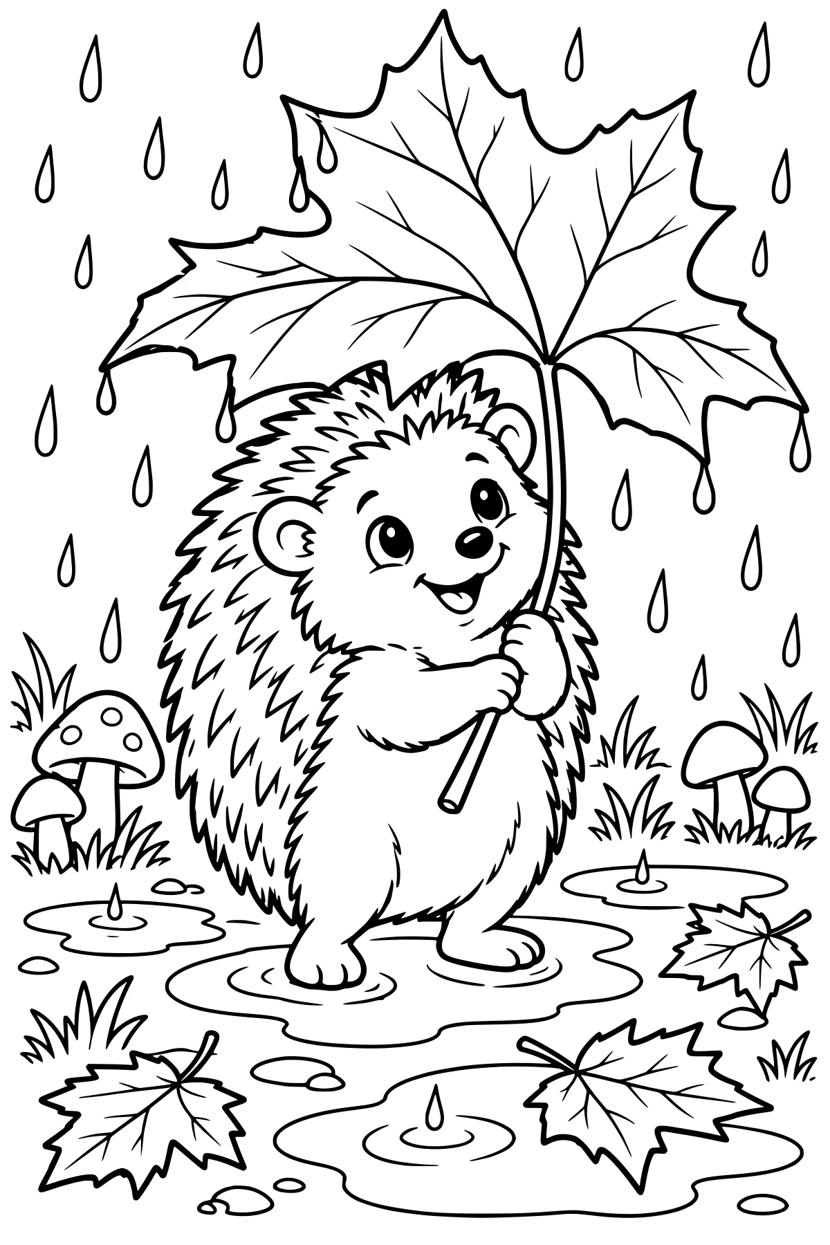 Hedgehog holding a broad leaf overhead in falling rain, standing in puddles among mushrooms, grass, and fallen leaves.