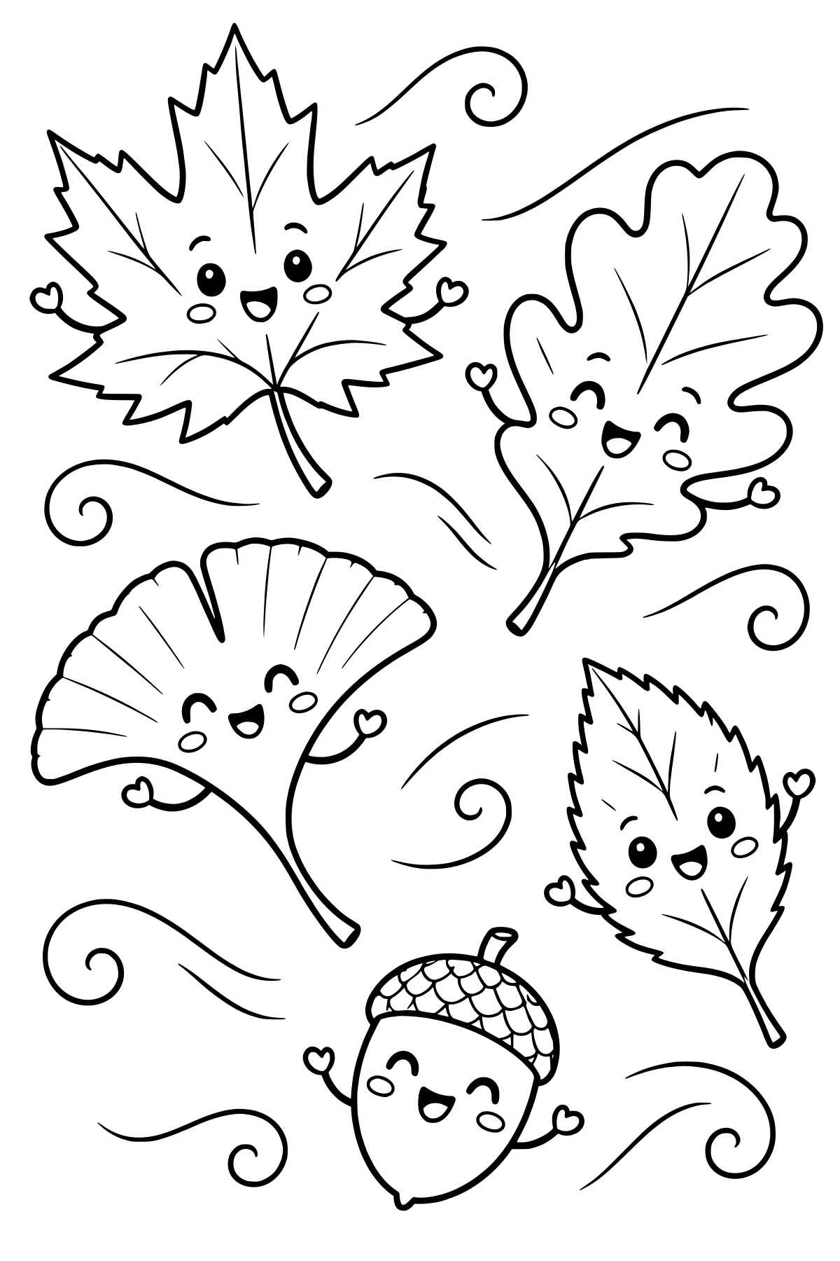 Anthropomorphic maple, oak, fan-shaped, and serrated leaves with an acorn, tiny arms, simple faces, and curling wind lines.