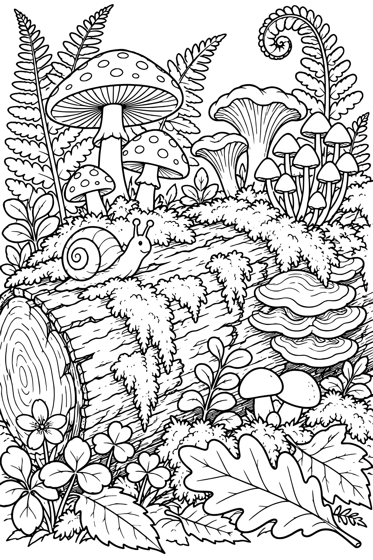 Mushrooms, shelf fungi, ferns, flowers, fallen leaves, and a snail surrounding a moss-covered log in a woodland scene.