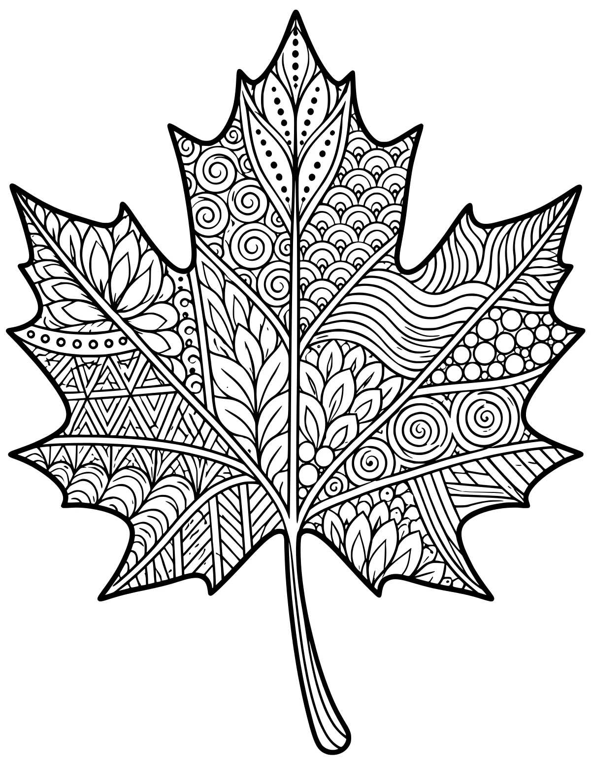 Outlined maple leaf filled with spirals, dots, scallops, stripes, geometric shapes, and petal-like patterns, with a curved stem below