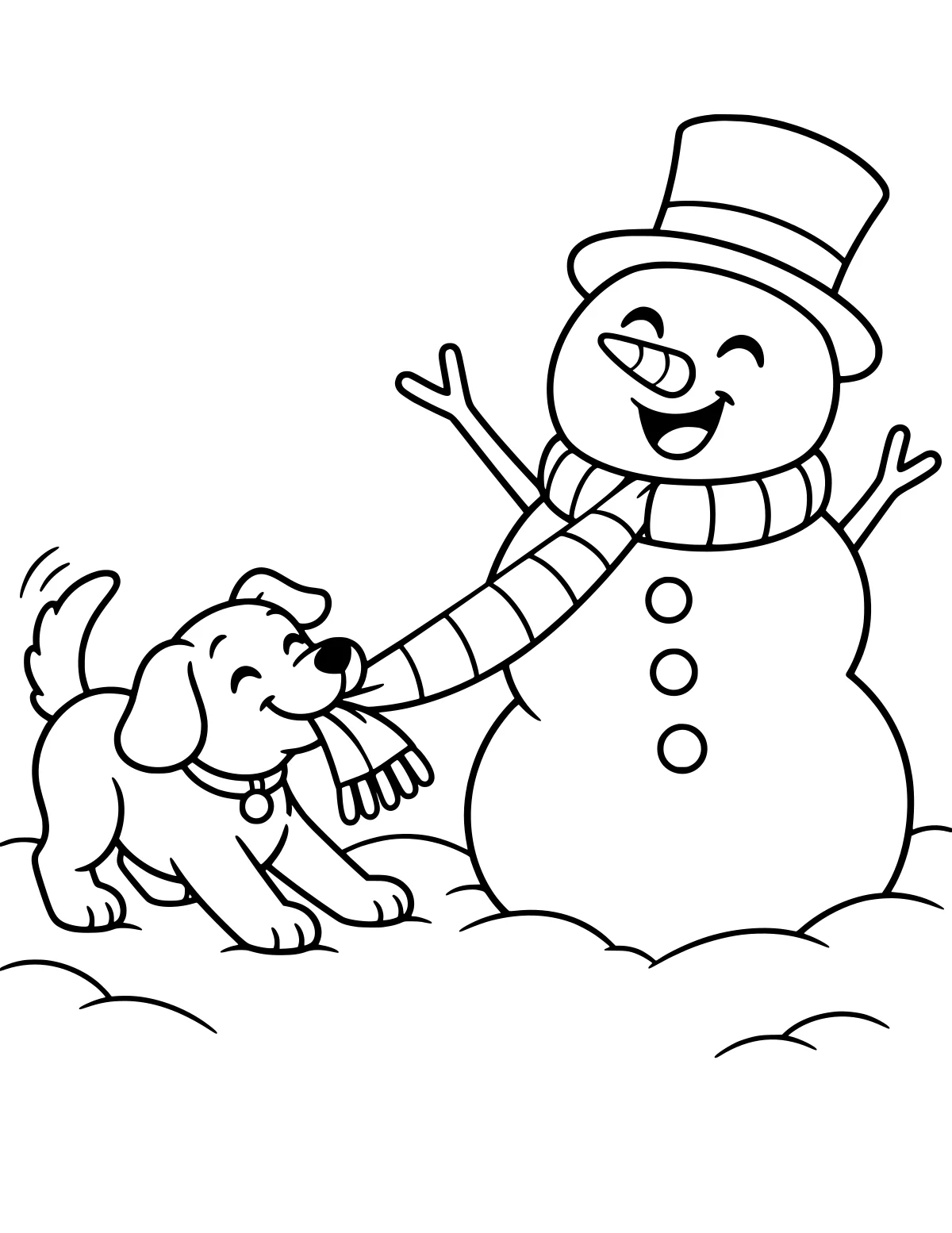 Dog holding a snowman’s striped scarf in its mouth beside curved snowbanks; the snowman wears a tall hat and has buttons and branch arms.