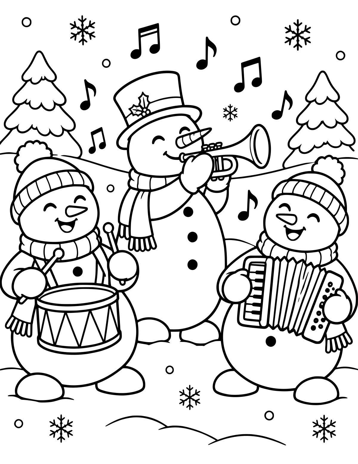 Snowmen wearing winter hats and scarves play a trumpet, drum, and accordion among evergreen trees, snowflakes, and floating music notes.