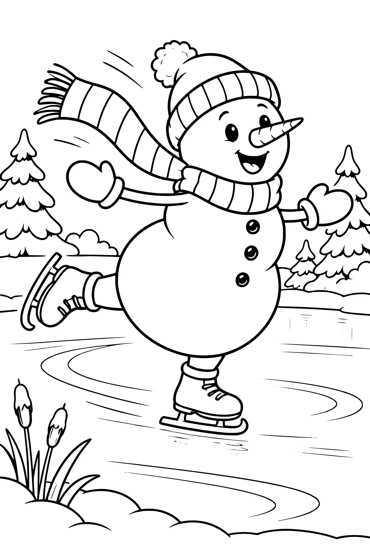 Snowman skating on a frozen pond with a lifted skate, outstretched mittened arms, striped scarf, pom-pom hat, carrot nose, snowbanks, and evergreen trees.