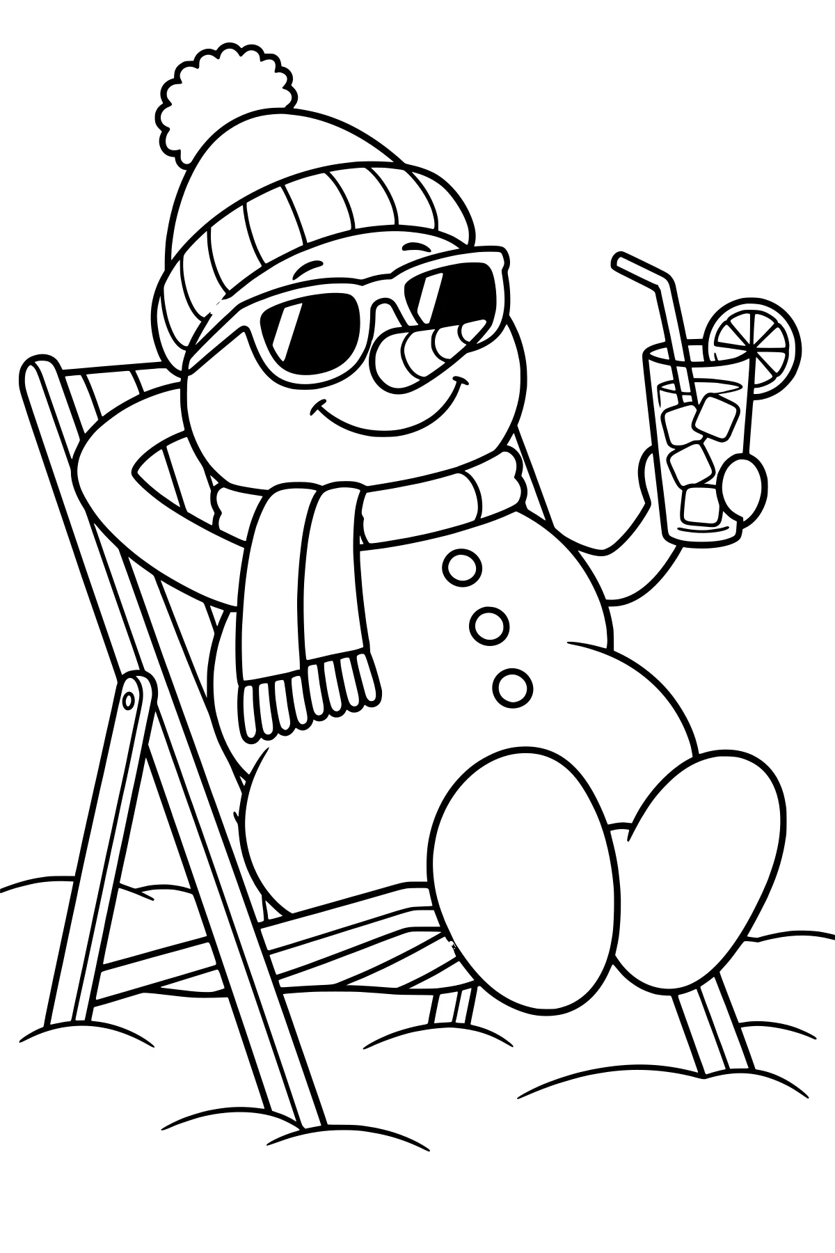 Snowman reclining in a folding deck chair with sunglasses, a pom-pom hat, a scarf, and an iced drink garnished with a citrus slice.