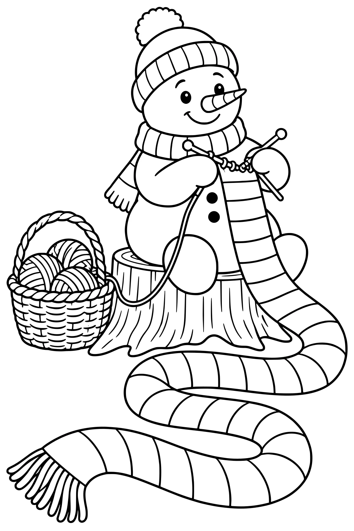 Snowman in a pom-pom hat knitting a long striped scarf while sitting on a tree stump beside a basket of yarn balls.