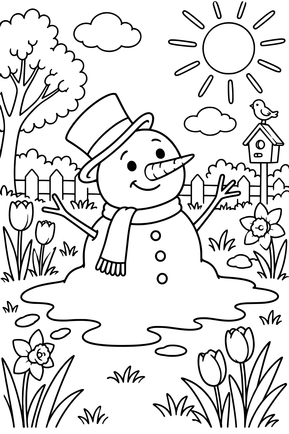 Melting snowman with a tall hat, scarf, pointed nose, and branch arms in a sunny garden with flowers, trees, a fence, birdhouse, and bird.