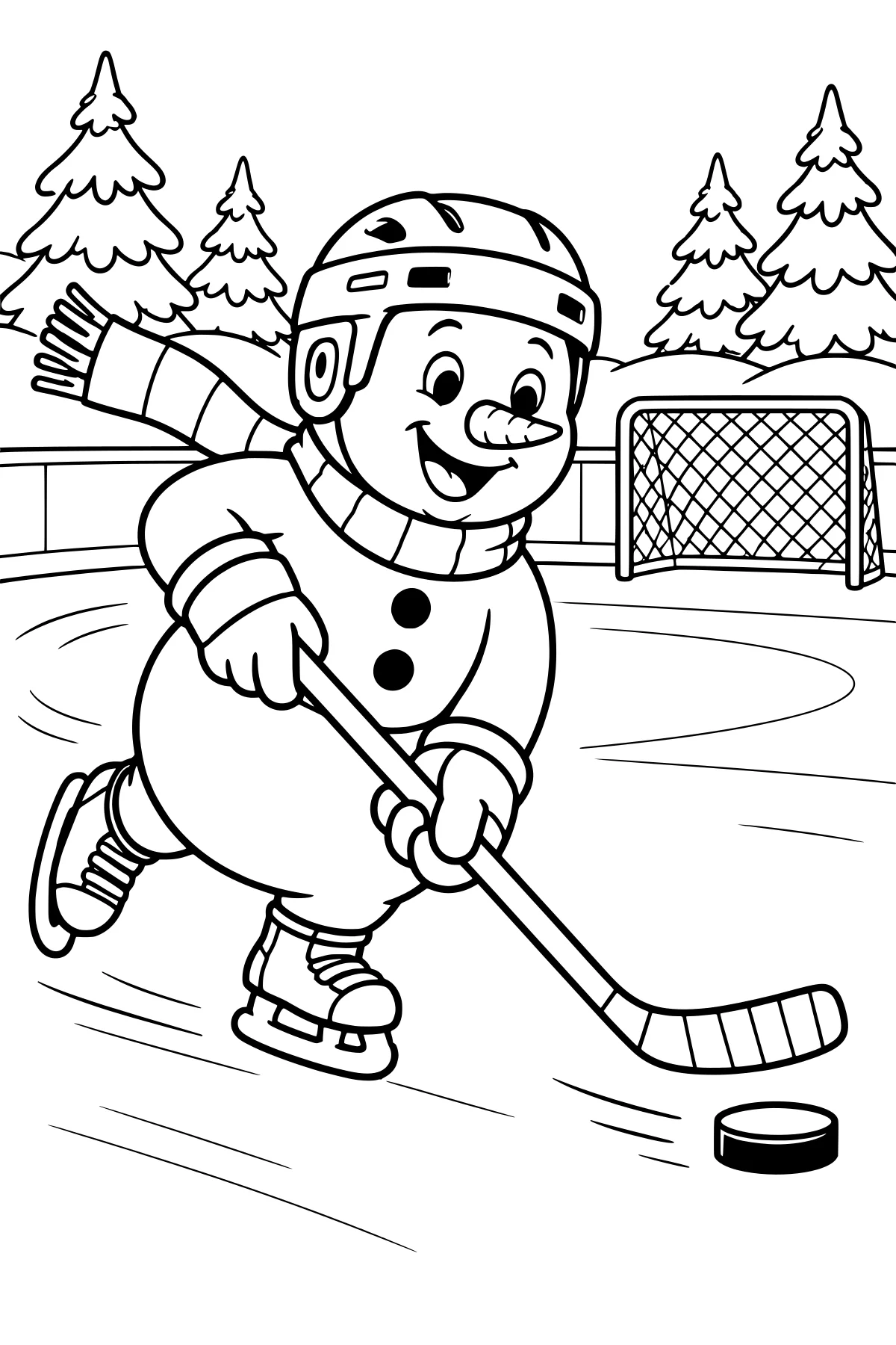 Helmeted snowman in a scarf and skates guiding a puck with a hockey stick on an outdoor rink, with a goal, rink boards, and evergreen trees behind.