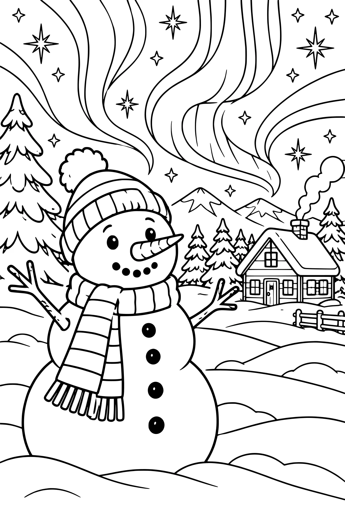 Snowman in a pom-pom hat and striped scarf before a snowy cabin, pine trees, mountains, stars, and broad ribbons of northern lights.