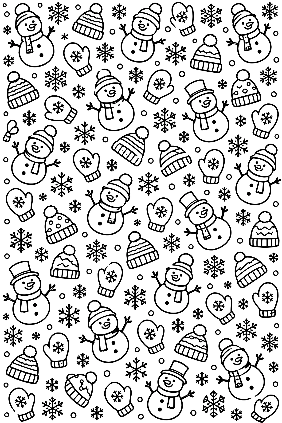 Repeating line-art pattern of snowmen, winter hats, mittens, snowflakes, and round dots.