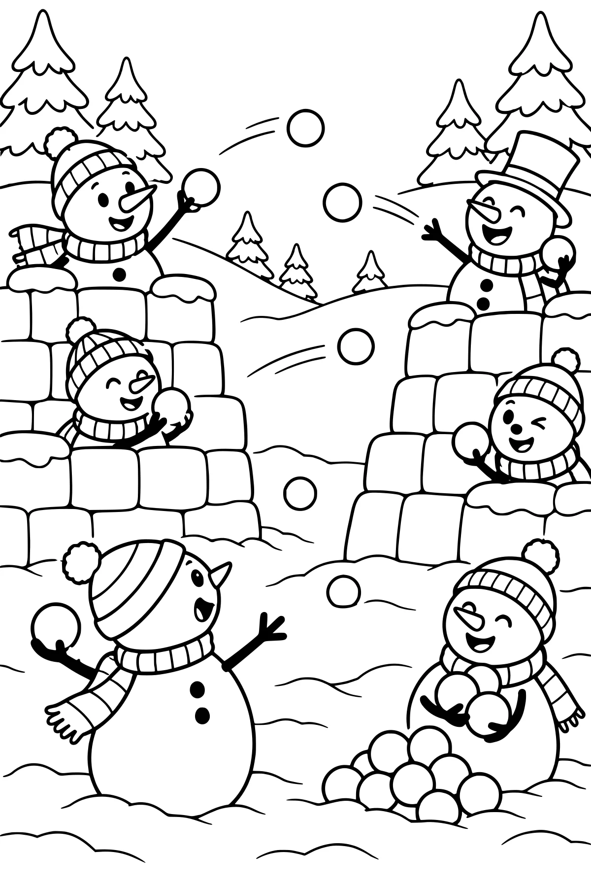 Snowmen in winter hats and scarves tossing snowballs around block forts, with pine trees and rolling snowbanks in the background.
