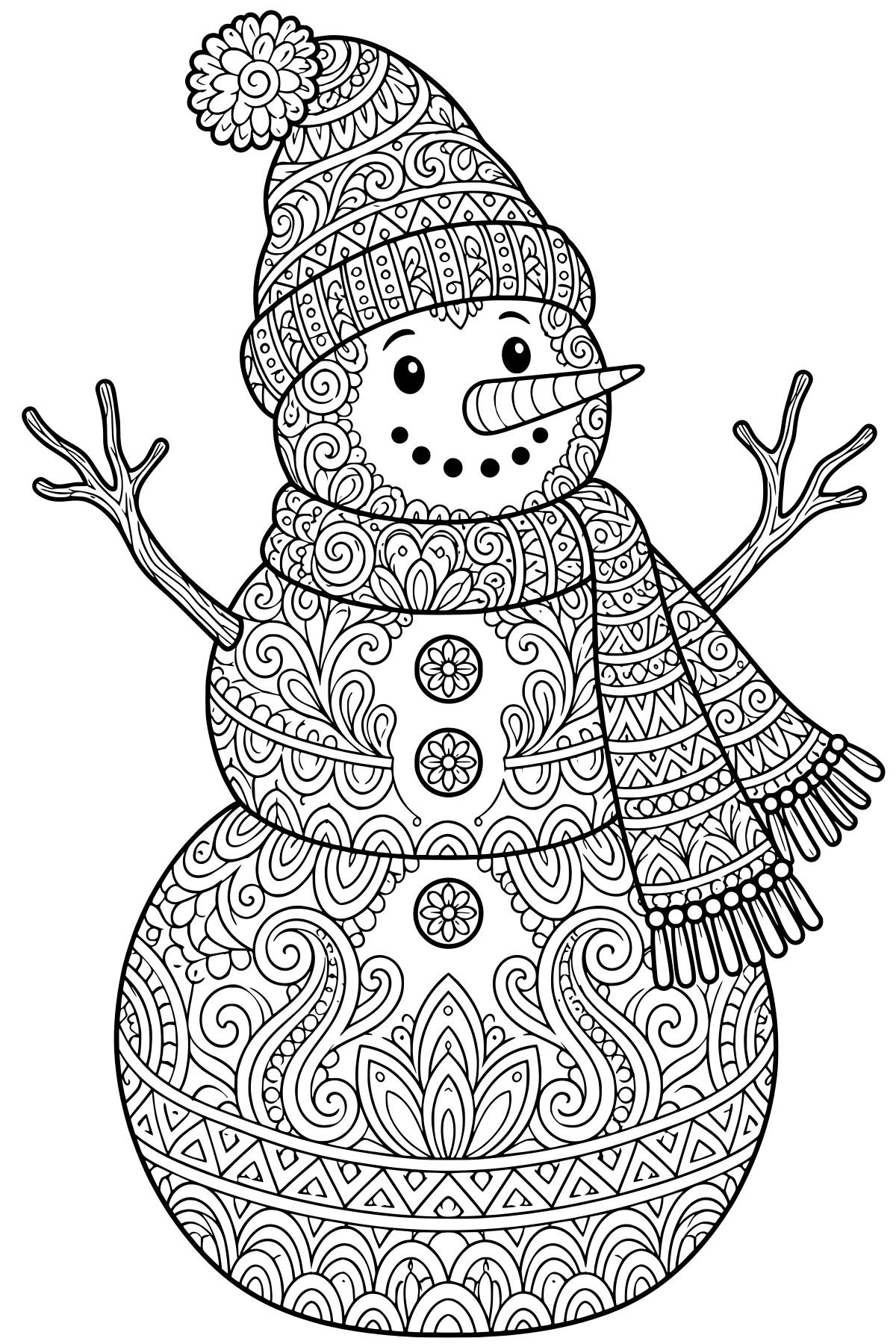 Ornately patterned snowman with a pom-pom hat, fringed scarf, carrot-shaped nose, dotted smile, twig arms, floral buttons, and swirling body motifs.