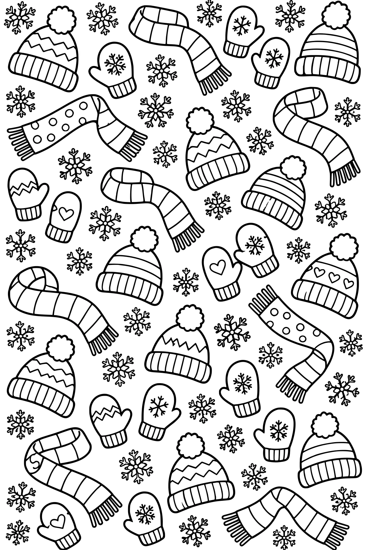 Winter pattern of pom-pom hats, fringed scarves, mittens, and snowflakes decorated with stripes, dots, zigzags, and hearts.