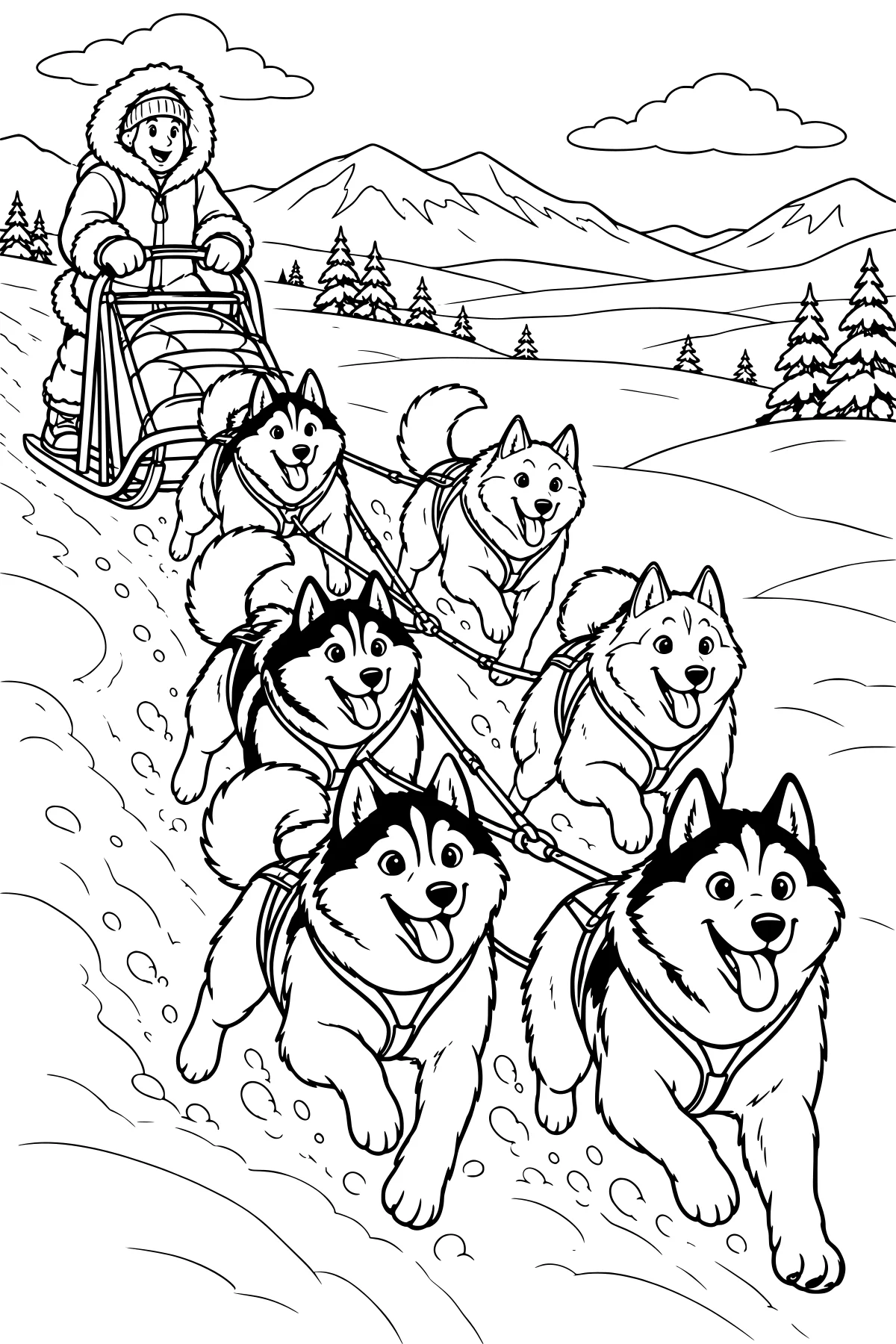 Husky sled dogs pulling a loaded sled with a bundled driver along a snowy mountain trail lined with evergreen trees.
