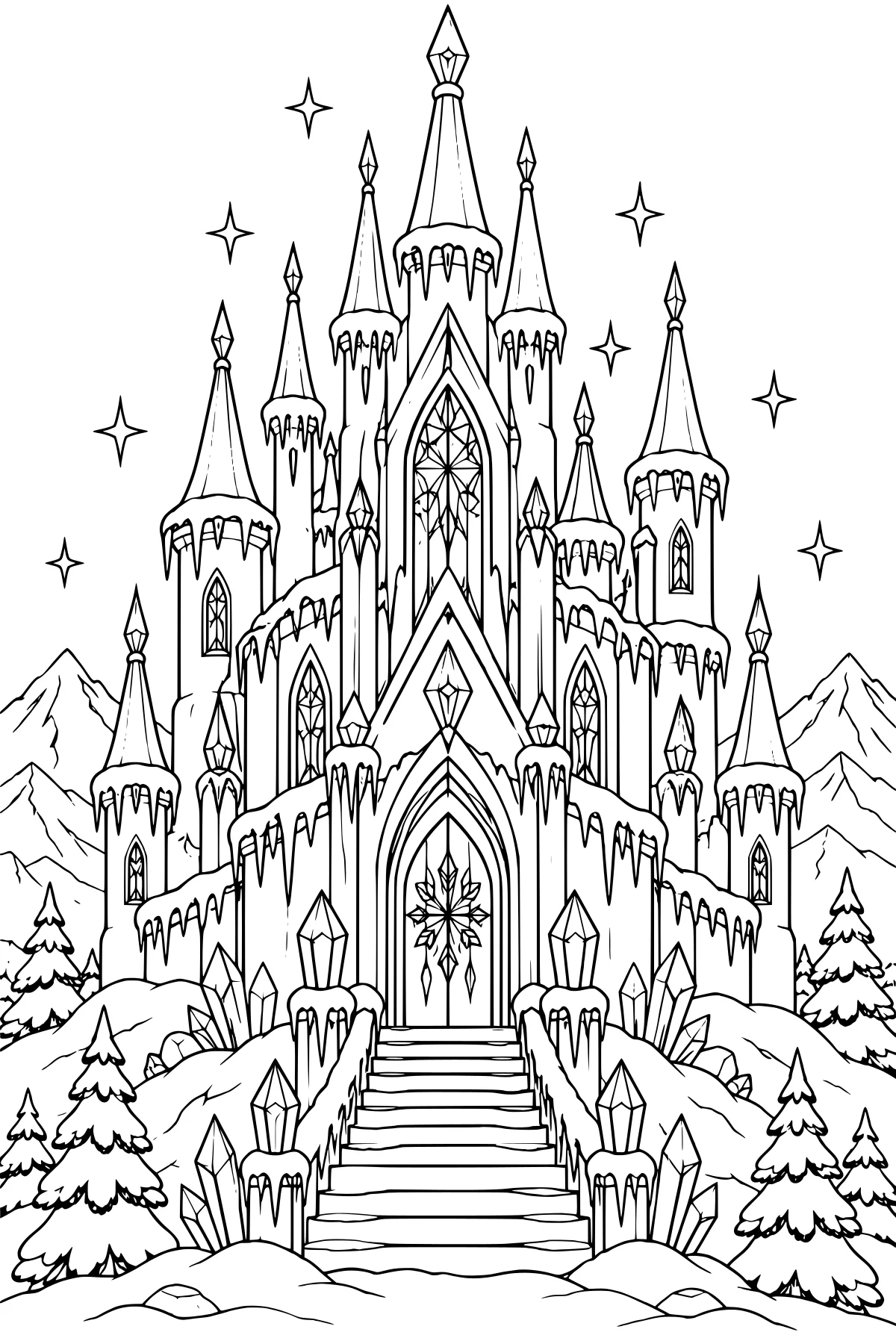 Towering ice castle with pointed spires, arched windows, icicles, crystal accents and a broad staircase, surrounded by snowy evergreens, mountains and stars.