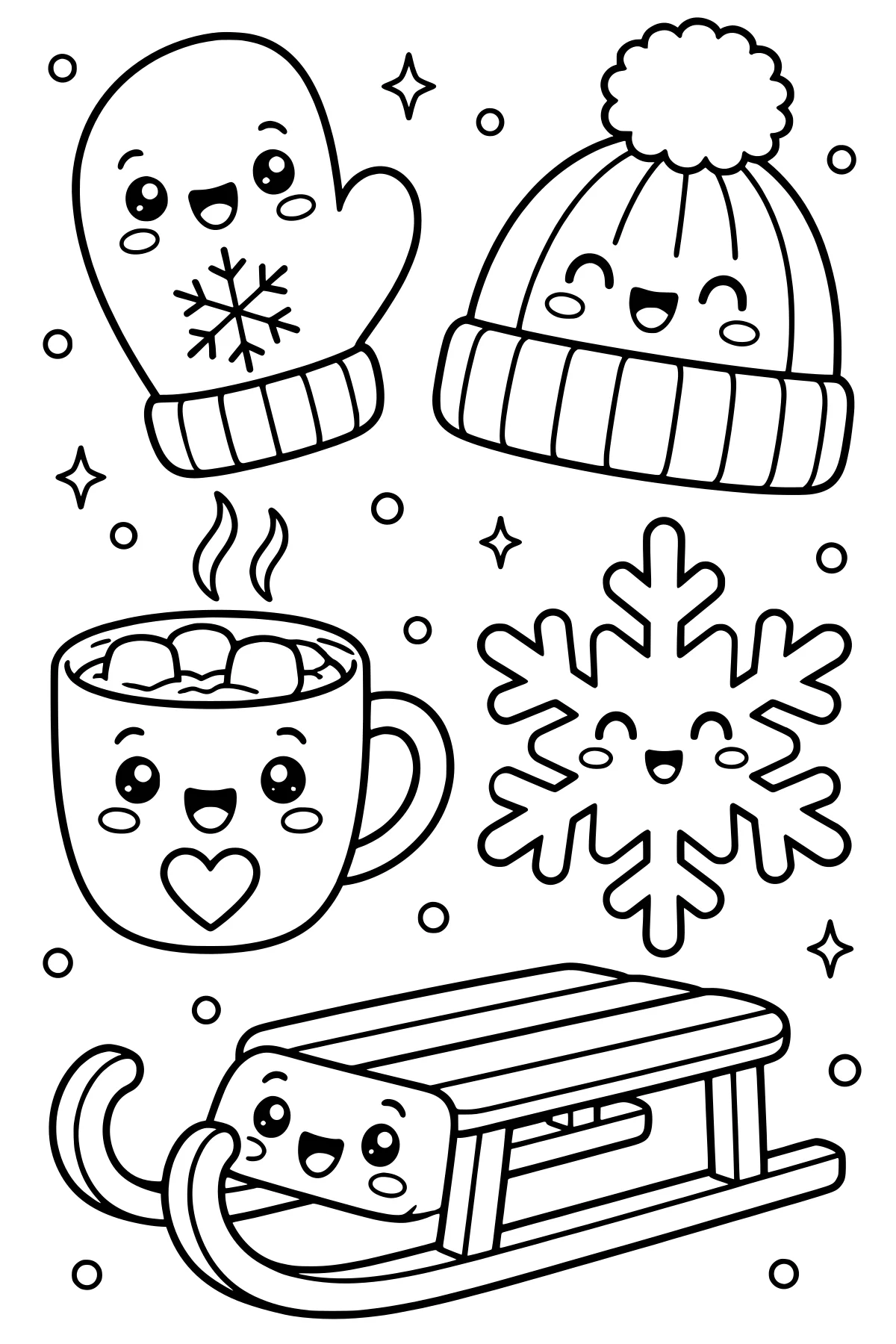 Smiling mitten, pom-pom hat, steaming mug, snowflake, and sled surrounded by small circles and sparkling shapes.