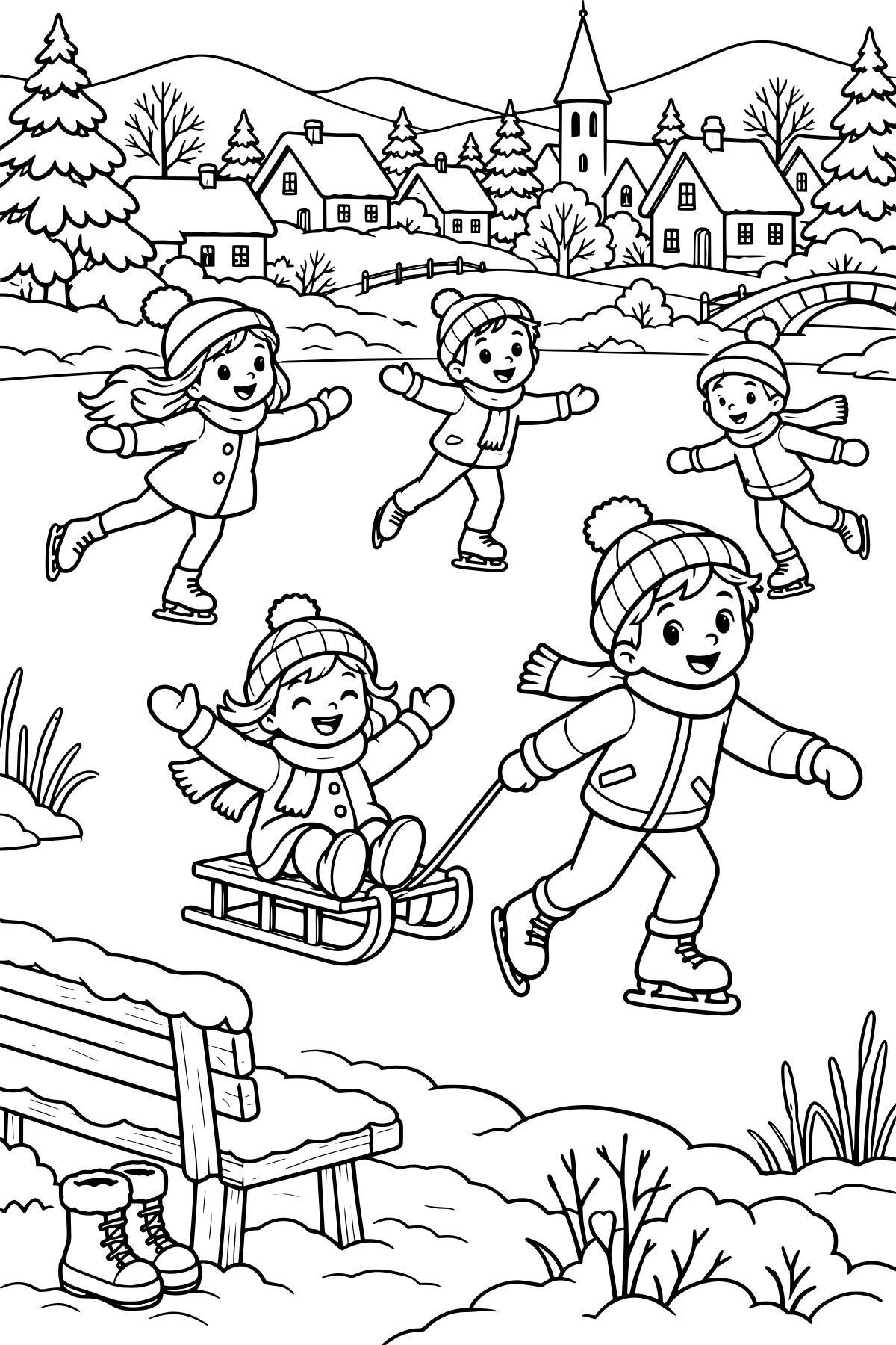 Kids skating and sledding on a frozen pond beside snowy banks, with a bench, cottages, evergreen trees, a church tower, and a stone bridge.