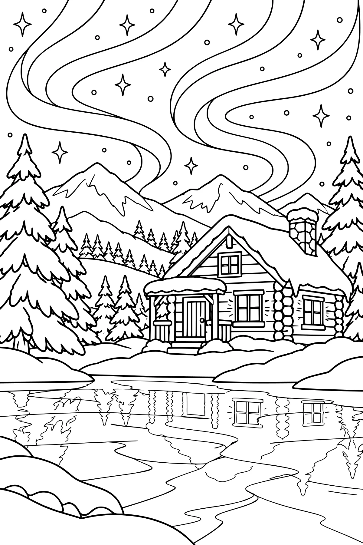 Snow-covered log cabin among pine trees and mountains beneath sweeping aurora bands and stars, with the winter scene reflected in open water.