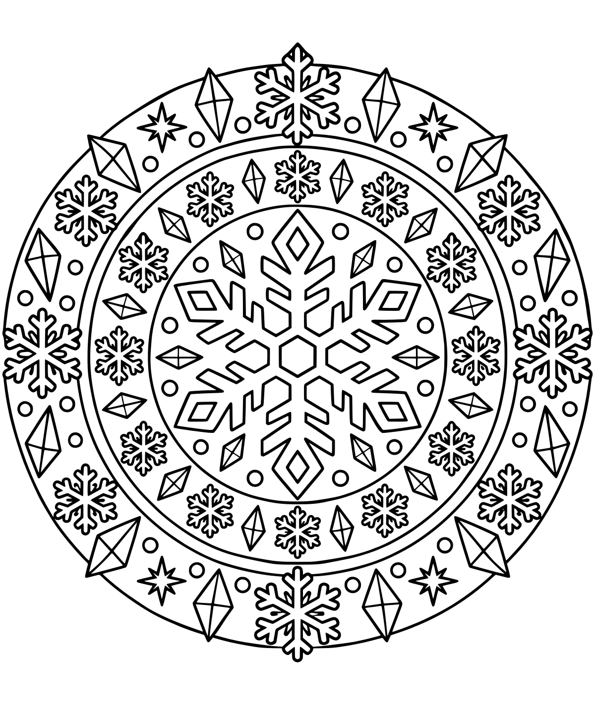 Circular line art with a large central snowflake, rings of smaller snowflakes, faceted diamond motifs, dots, and pointed star shapes.