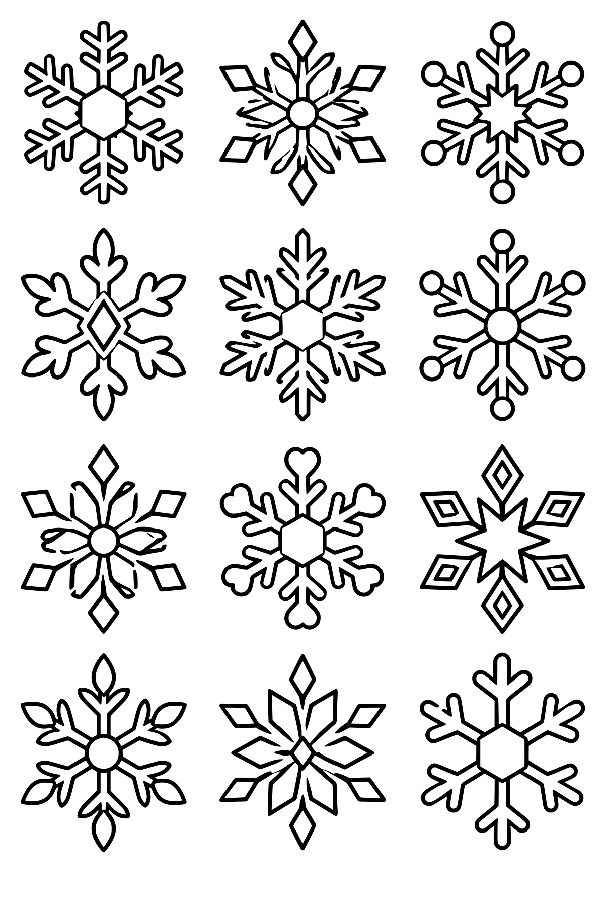 Grid of decorative snowflake outlines with branching arms, geometric centers, circles, diamonds, leaves, rounded tips, and angular details.
