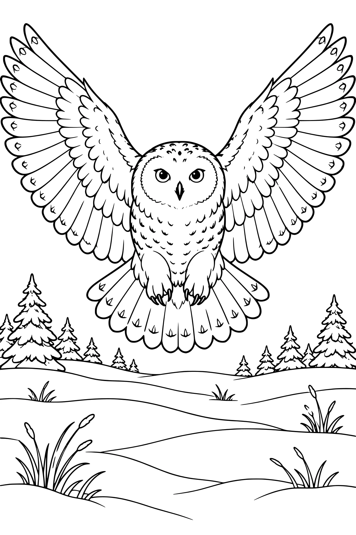 Snowy owl flying with wings spread above rolling snowbanks, evergreen trees, and tufts of grass.