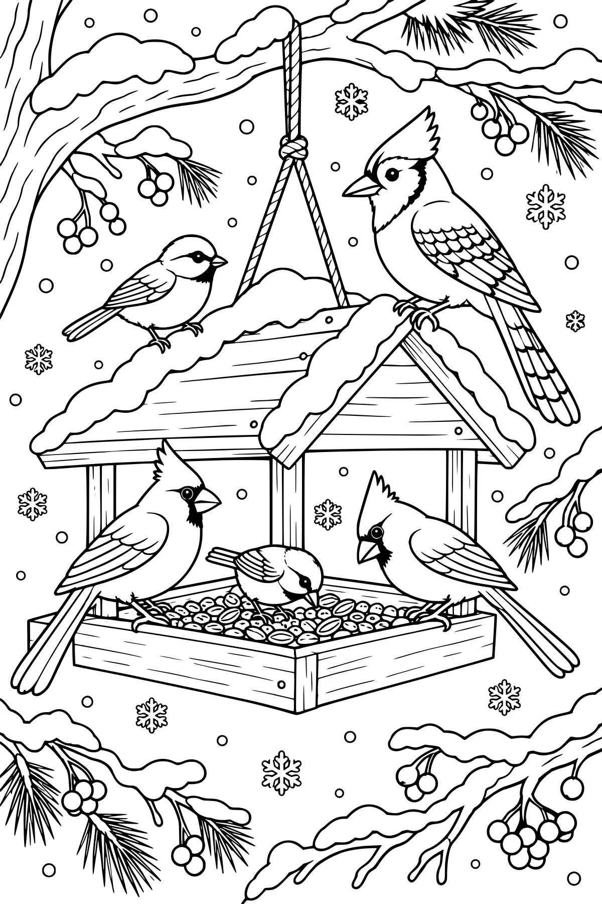 Birds perched on a snow-covered wooden feeder and roof, with one bird eating seeds beneath snowy pine branches, berry clusters, and falling snowflakes.