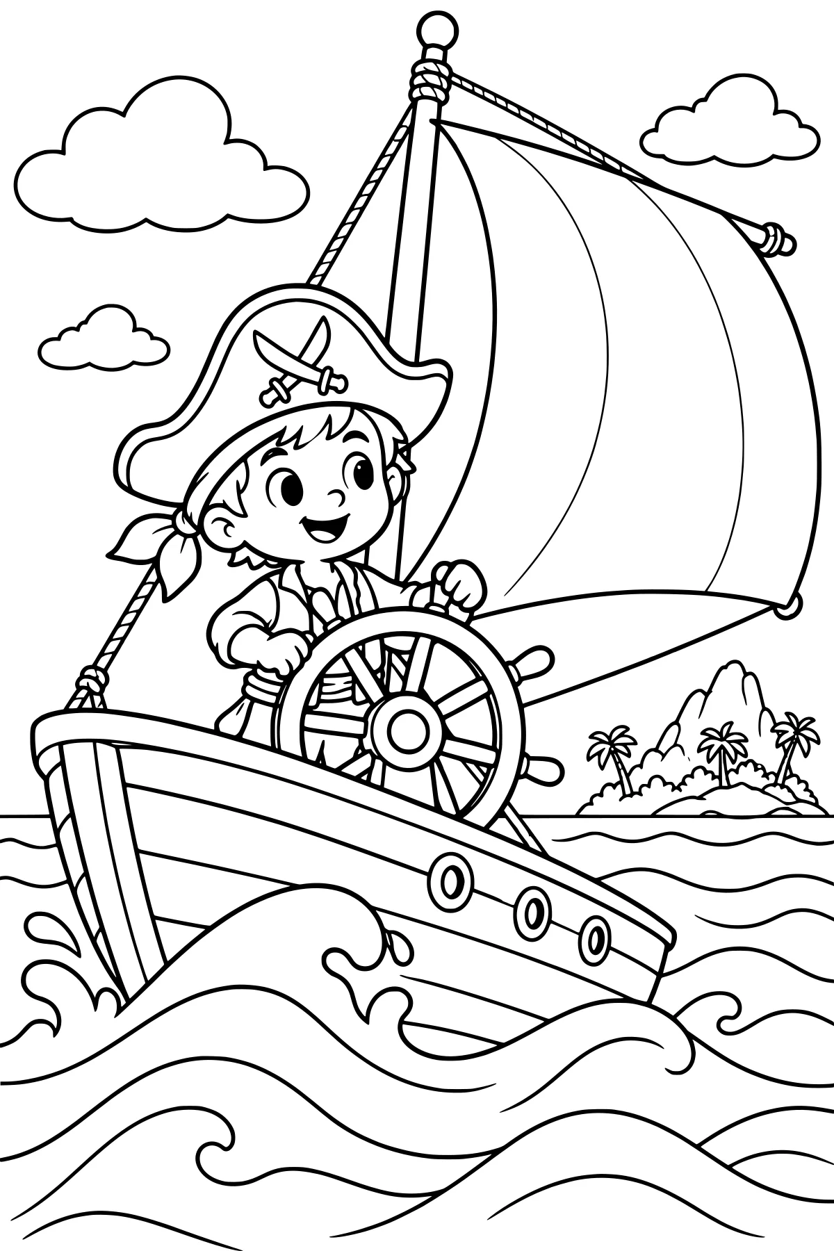 Cartoon child in a pirate hat steering a sailboat through ocean waves near an island with palm trees