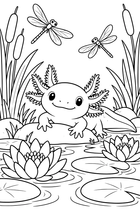 Axolotl resting on a pond rock among water lily blooms and pads, with hovering dragonflies, cattails, reeds, ripples, and surrounding rocks.