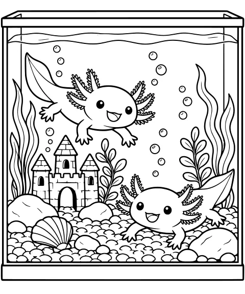 Black-and-white line art of axolotls swimming in an aquarium with a castle, pebbles, plants, bubbles, rocks, and a ridged shell.