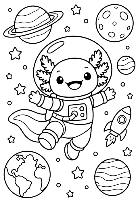 Axolotl astronaut floating in a bubble helmet and spacesuit among stars, planets, small circles, and a rocket.