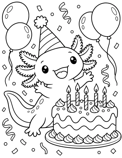 An axolotl in a striped party hat raises its arms behind a frosted cake with lit candles, surrounded by balloons, streamers, and confetti.