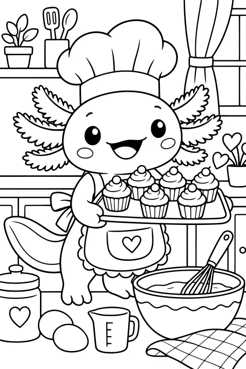 Axolotl in a chef’s hat and apron holding a tray of frosted cupcakes beside a mixing bowl, whisk, measuring cup, eggs, jars, plant, and curtained window.