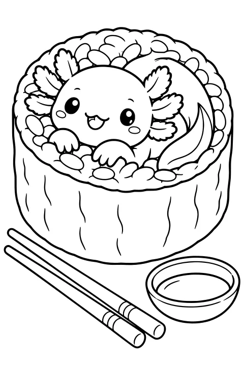 Axolotl curled inside a large sushi roll with frilly gills, front feet, a curved tail, chopsticks, and a small dipping bowl.
