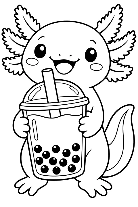 Axolotl holding a large lidded bubble tea cup with a wide straw and tapioca pearls, framed by feathery external gills and a curved tail.