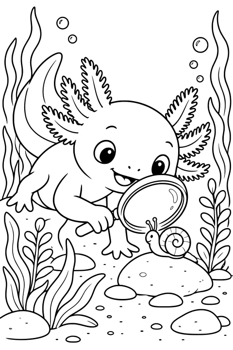 Axolotl holding a magnifying glass over a snail among underwater plants, bubbles, pebbles, and rocks.