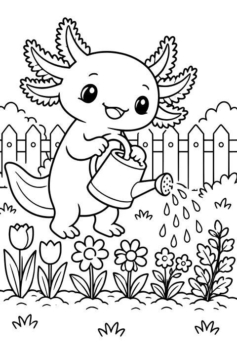 Axolotl pouring water from a watering can onto flowers in a garden with leafy plants, shrubs, and a picket fence.
