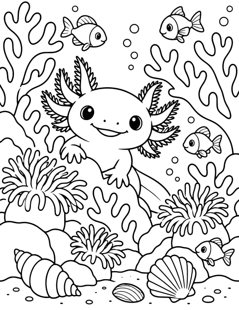 Axolotl swimming among fish, bubbles, branching coral, anemones, rocks, and seashells in an underwater scene.