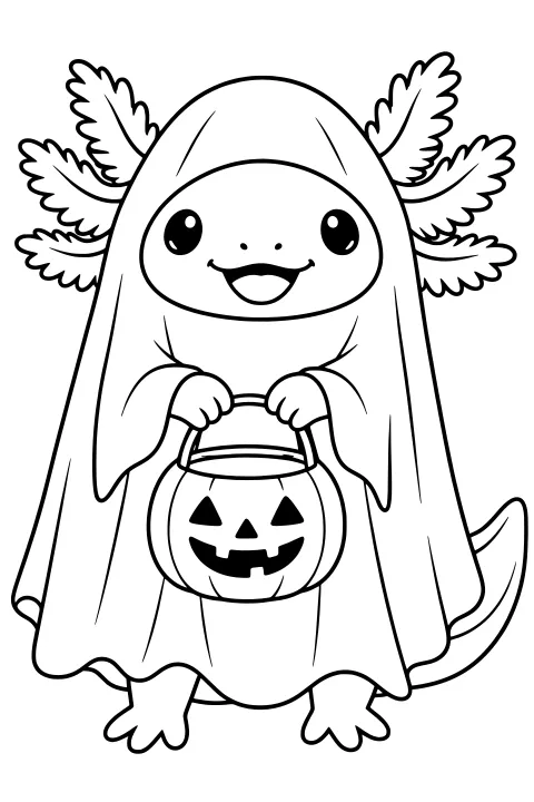 Axolotl wearing a draped ghost costume and holding a jack-o'-lantern bucket, with feathery gills, wide eyes, feet, and a curved tail visible.